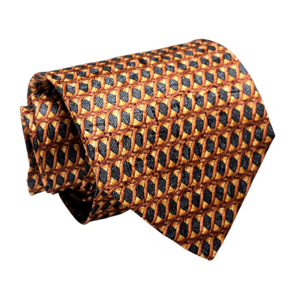 ERMENEGILDO ZEGNA Silk Tie Men Chain Link Lattice Orange Gold Luxury Italy 3.75"